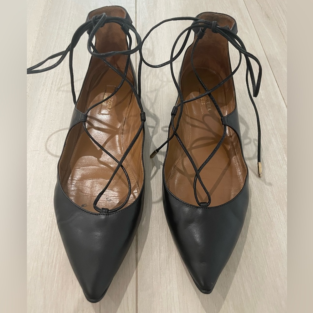Aquazurra Christy Black Pointed Toe Leather Lace-Up Ballet Flats Size 8
